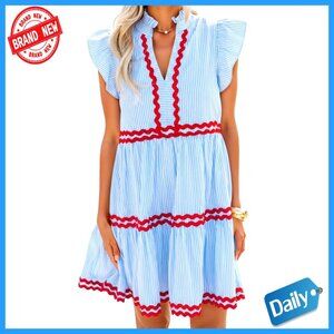 V-Neck Flutter Sleeve Striped Ruffle Mini Dress Casual Summer Beach